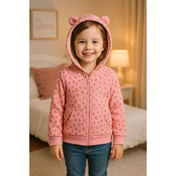 Girls Leopard Print Zip Hoodie Sherpa Lined Peach Pink Jacket Size 2T - Picture 2 of 14